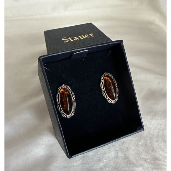 New vintage Stauer amber pierced earrings set in sterling silver - Picture 1 of 4